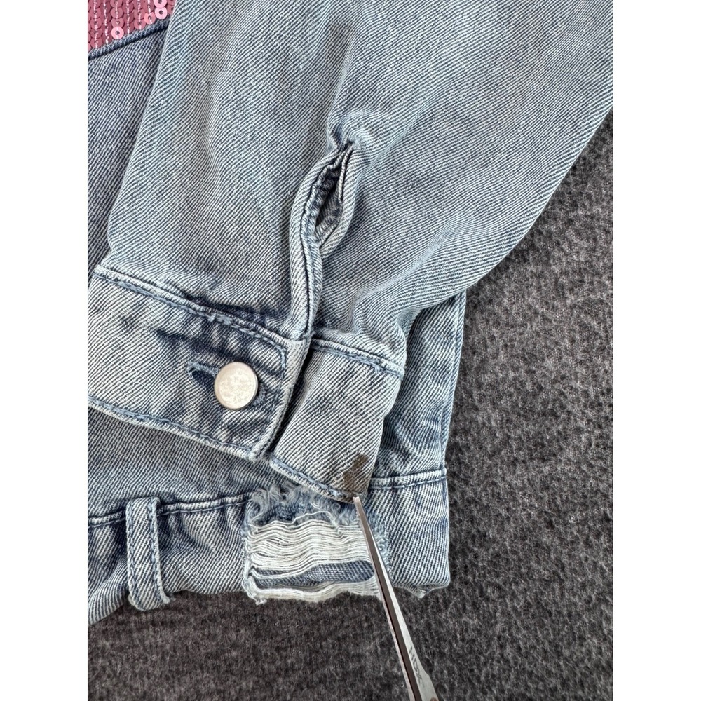 BIBI Distressed Denim Jacket Pink Sequin Pockets Light Wash Cotton Large - Picture 8 of 10